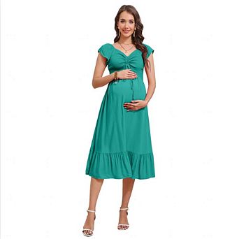 Women’s Maternity V Neck Drawstring Ruched Waist A Line Ruffle Hem Casual Midi Dress