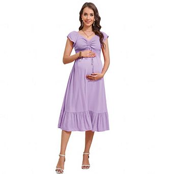 Women’s Maternity V Neck Drawstring Ruched Waist A Line Ruffle Hem Casual Midi Dress