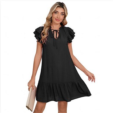 Women’s V Neck Tie Neck Double Ruffle Sleeve Casual Loose A Line Shift Mini Dress