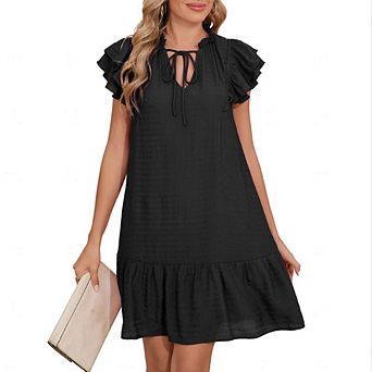Women’s V Neck Tie Neck Double Ruffle Sleeve Casual Loose A Line Shift Mini Dress