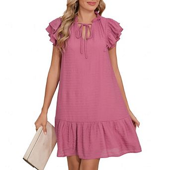 Women’s V Neck Tie Neck Double Ruffle Sleeve Casual Loose A Line Shift Mini Dress