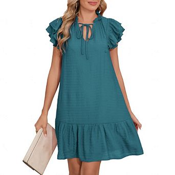 Women’s V Neck Tie Neck Double Ruffle Sleeve Casual Loose A Line Shift Mini Dress