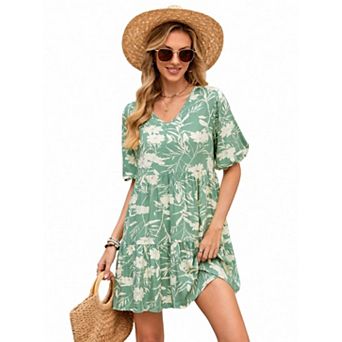 Women's Short Sleeve V Neck Loose Fit Midi Dress