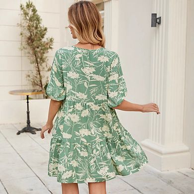 Women's Short Sleeve V Neck Loose Fit Midi Dress