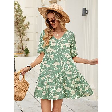 Women's Short Sleeve V Neck Loose Fit Midi Dress