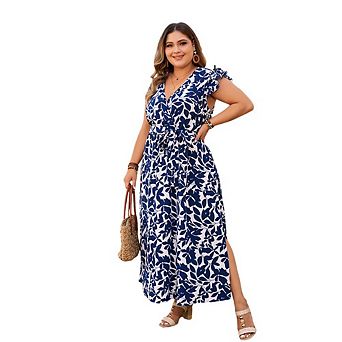 Women Plus Size Floral Wrap Maxi Dress V Neck Short Sleeve Split Hem Dresses