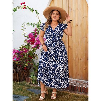 Women Plus Size Floral Wrap Maxi Dress V Neck Short Sleeve Split Hem Dresses