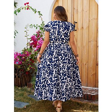 Women Plus Size Floral Wrap Maxi Dress V Neck Short Sleeve Split Hem Dresses