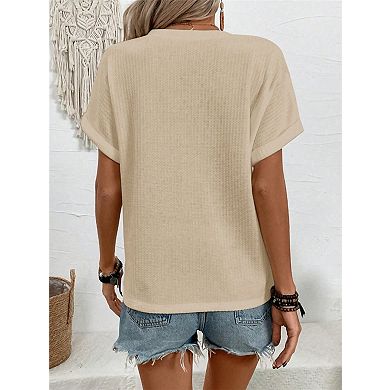 Women's Short Sleeve Loose V Neck Blouses Button Decor Waffle T-Shirt