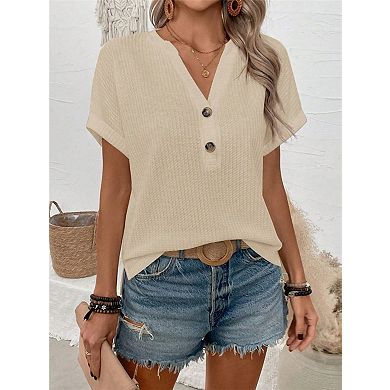Women's Short Sleeve Loose V Neck Blouses Button Decor Waffle T-Shirt