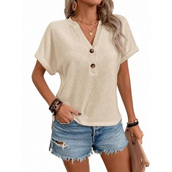 Women's Short Sleeve Loose V Neck Blouses Button Decor Waffle T-Shirt