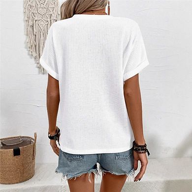 Women's V Neck Blouses Button Decor Short Sleeve Waffle T-Shirt