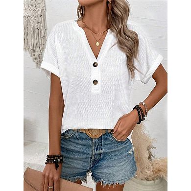 Women's V Neck Blouses Button Decor Short Sleeve Waffle T-Shirt