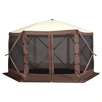 BAOURE 300D Oxford 12.5 By 12.5 Foot 6 Sided Pop Up Gazebo Screen Tent With Mosquito Netting Brown