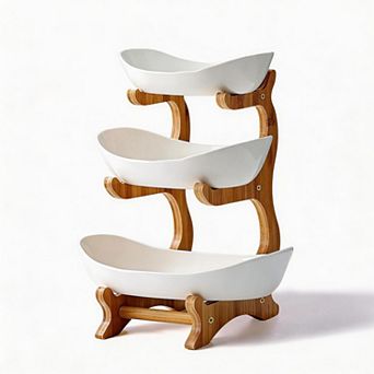 Splendid Frame 3 tier Ceramic Fruit Bowl With Wood Stand