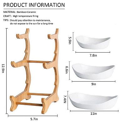 Splendid Frame 3 Tier Ceramic Fruit Bowl With Wood Stand