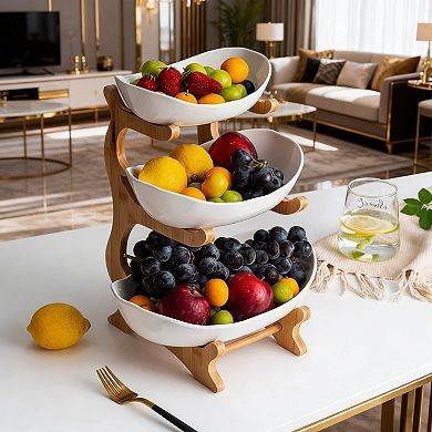 Splendid Frame 3 Tier Ceramic Fruit Bowl With Wood Stand