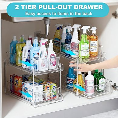 2-Pack 2-Tier Under Sink Pull-Out Organizer, Clear Stackable Storage