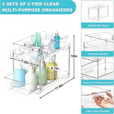 2-Pack 2-Tier Under Sink Pull-Out Organizer, Clear Stackable Storage