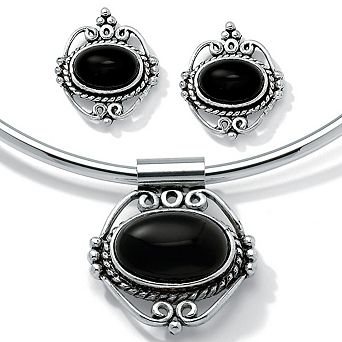 Genuine Bezel-Set Oval Onyx 2 pc Necklace and Earrings Set in Silvertone