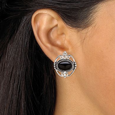 Genuine Bezel-Set Oval Onyx 2-Pc. Necklace and Earrings Set in Silvertone