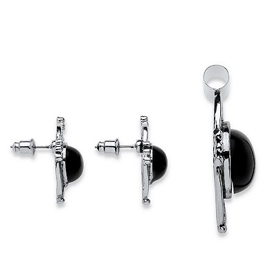 Genuine Bezel-Set Oval Onyx 2-Pc. Necklace and Earrings Set in Silvertone