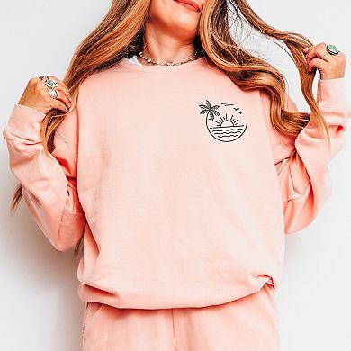 Embroidered Beach Sunset Lightweight Garment Dyed Sweatshirt Black