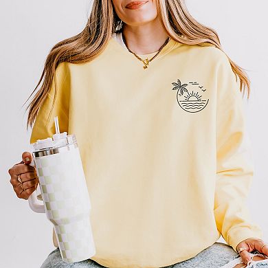 Embroidered Beach Sunset Lightweight Garment Dyed Sweatshirt Black