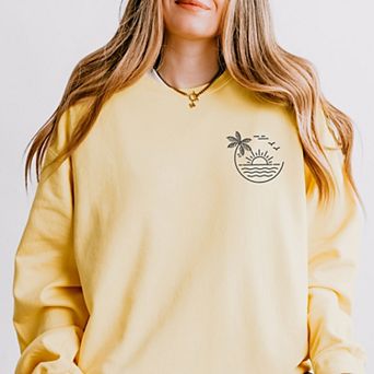 Embroidered Beach Sunset Lightweight Garment Dyed Sweatshirt Black