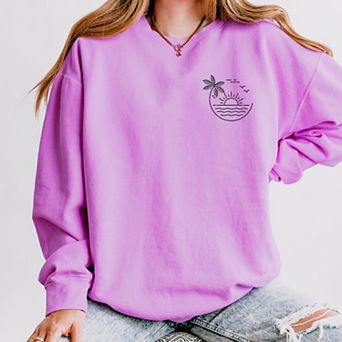 Embroidered Beach Sunset Lightweight Garment Dyed Sweatshirt Black