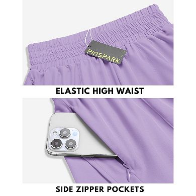 PINSPARK Women's High Waisted Athletic Shorts with Liner Zip Pockets