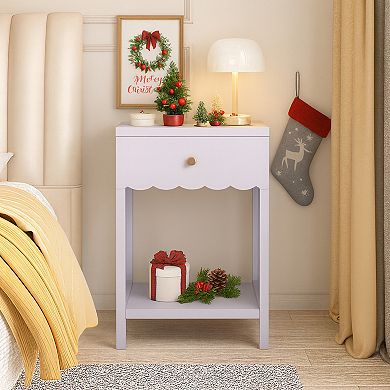 Merax Modern White Nightstand with Drawer and Open Shelf,Scalloped Edge Bedside Table