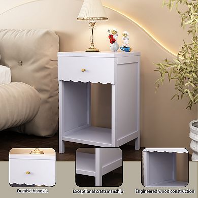 Merax Modern White Nightstand with Drawer and Open Shelf,Scalloped Edge Bedside Table