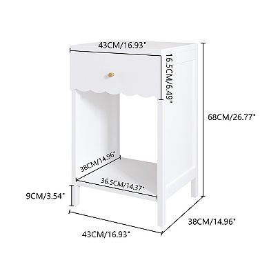 Merax Modern White Nightstand with Drawer and Open Shelf,Scalloped Edge Bedside Table