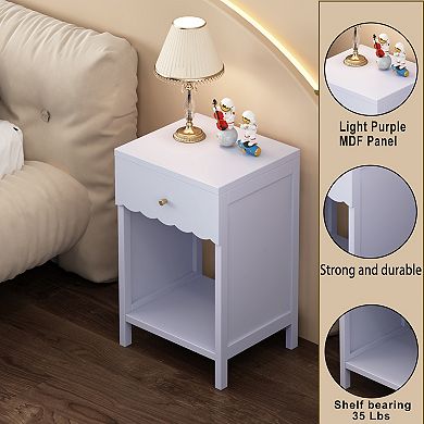 Merax Modern White Nightstand with Drawer and Open Shelf,Scalloped Edge Bedside Table
