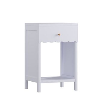 Merax Modern White Nightstand with Drawer and Open Shelf,Scalloped Edge Bedside Table