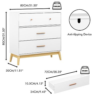Merax Storage Cabinet, Modern White Chest of Drawers with Rose Gold Handles & Solid Wood Base