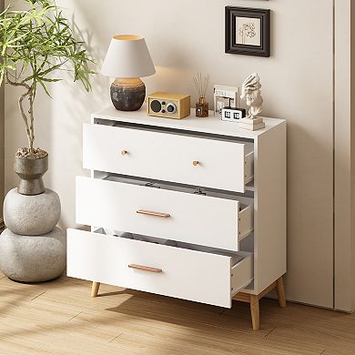 Merax Storage Cabinet, Modern White Chest of Drawers with Rose Gold Handles & Solid Wood Base