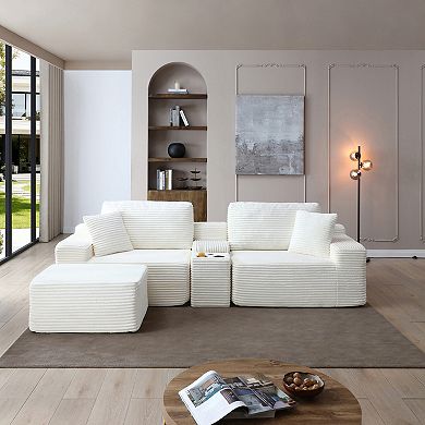 Merax Modular Sectional Sofa, Deep Seat Corduroy Cloud Couch with Cup Holders, USB Ports