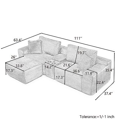 Merax Modular Sectional Sofa, Deep Seat Corduroy Cloud Couch with Cup Holders, USB Ports