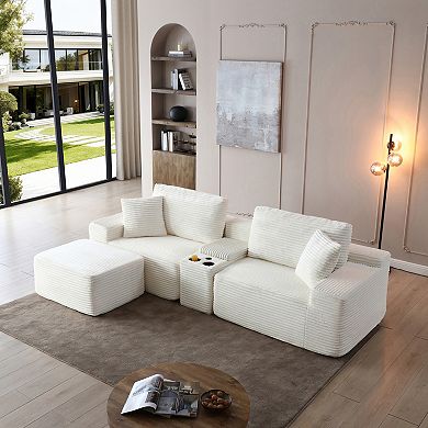 Merax Modular Sectional Sofa, Deep Seat Corduroy Cloud Couch with Cup Holders, USB Ports