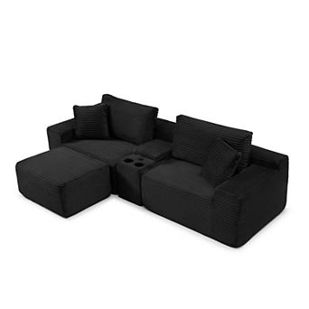 Merax Modular Sectional Sofa, Deep Seat Corduroy Cloud Couch with Cup Holders, USB Ports