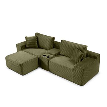 Merax Modular Sectional Sofa, Deep Seat Corduroy Cloud Couch with Cup Holders, USB Ports