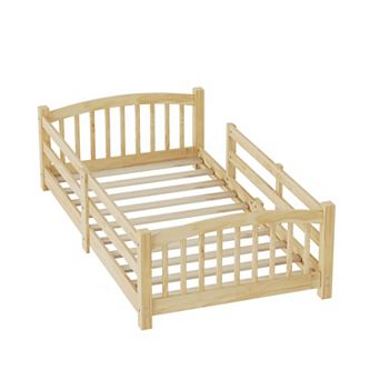 Merax Montessori Floor Bed with Slats and Safety Guardrails, Solid Wood Floor Bed with Fence