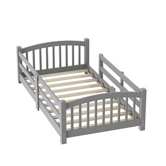 Merax Montessori Floor Bed with Slats and Safety Guardrails, Solid Wood Floor Bed with Fence