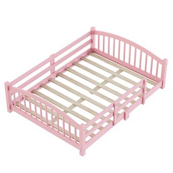 Merax Montessori Floor Bed with Slats and Safety Guardrails, Solid Wood Floor Bed with Fence
