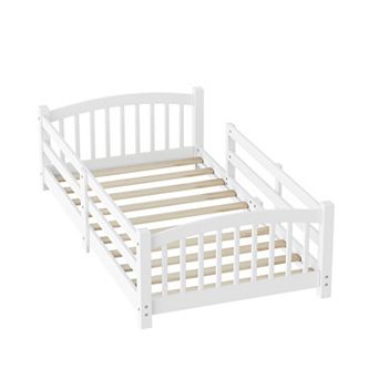 Merax Montessori Floor Bed with Slats and Safety Guardrails, Solid Wood Floor Bed with Fence
