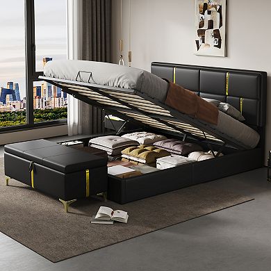 Merax Queen Size Upholstered Platform Bed with Hydraulic Storage System
