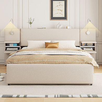 Merax Queen Size Upholstered Platform Bed with Reading Lights, Drawers, Trundle and Shelves