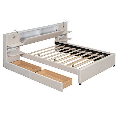 Merax Queen Size Upholstered Platform Bed with Reading Lights, Drawers, Trundle and Shelves